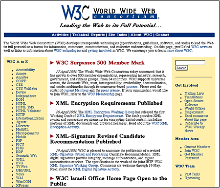 Screen shot: Text-based home page on W3C site