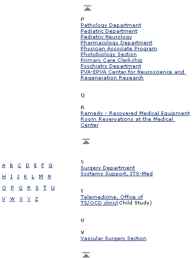 Slika internetne strani: Gumbi, s katerimi se pomakneš na vrh datoteke na strani Yale-New Haven Medical Centra