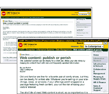 Screen shot: CNET Enterprise page with enlarged text